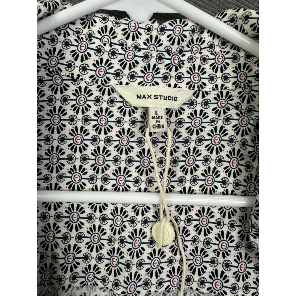 Max Studio Women Large Geometric Flora Medallion Button Down Blouse Smocked Cuff
